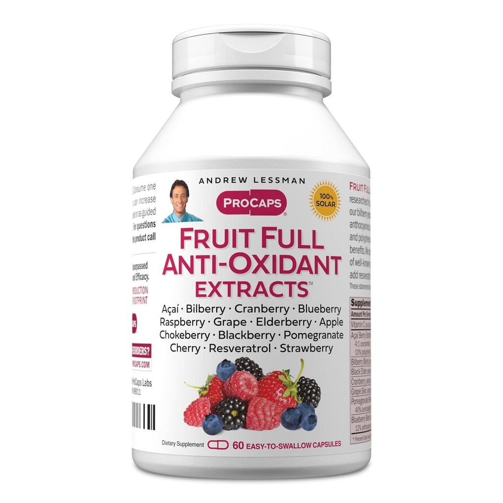 ANDREW LESSMAN Frukt Full Anti-Oksydant ekstrakter 60 kapsler - 14 naturlige frukt og berry ekstrakter. Bilbær, tranebær, kornfrø, pomegranat, resveratrol og mer. Lett å svelge kapsler