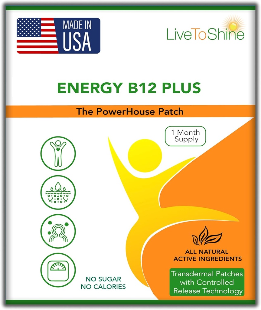 Live To Shine B12 Energy Plus Topical Patch - Energi og fokus Støtte for kvinner og menn - 30 dagers forsyning - USA laget