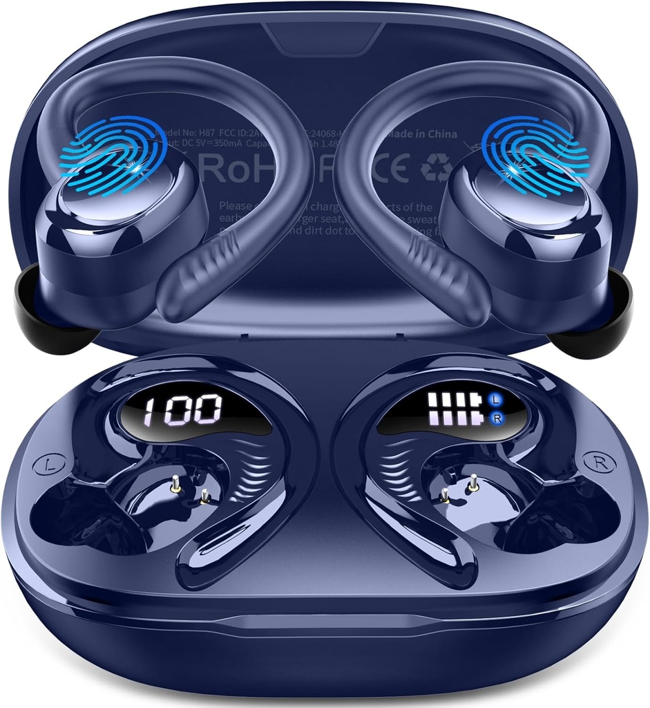 Trådløs ørepropp Sport, 2025 Bluetooth 5.4 Hodetelefoner med øredobber, 50H Stereo Deep Bass Over øret Buds med 4 ENC-støy som kansellerer mikrofoner, IP7 Vanntett øretelefoner for løping trening Gym -Blue