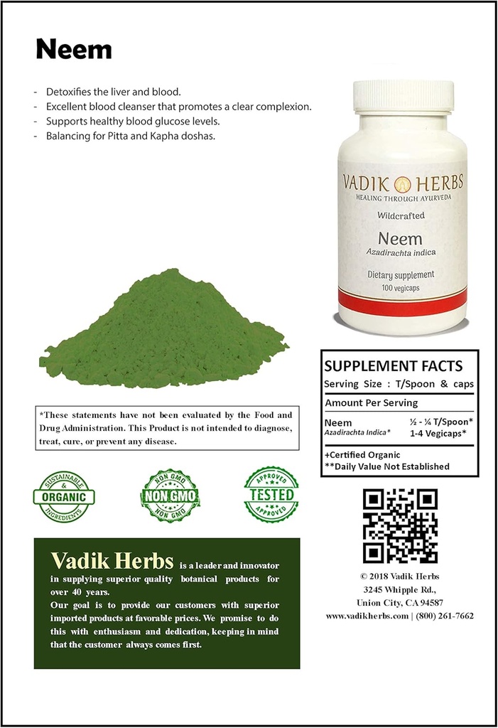 Certifisert organisk Vadik Urter Neem (Azadirachta Indica) pulver 1lb. Pakke | Utmerket blodrenser, støtter sunnt blod glucose nivåer, balansering for Pitta og Katha Doshas