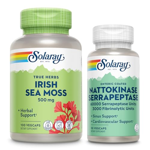 SOLARAY Irish Sea Moss 500mg og Nattokinase Serrapeptase Supplement - Velvære Bundle med naturlig forekommende vitaminer, mineraler - Gut Helse, Sinus, hjerte helse støtte, 60-dagers garanti, 100/30ct