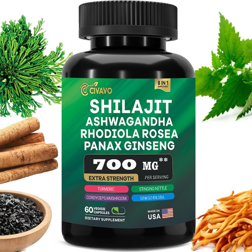 Shilajit ren Himalayan 9000MG, Ashwagandha 2000MG, Rhodiola Rosea 1000MG, Panax Ginseng 1500MG, Turmeric 500MG, Gingko Biloba 500MG, Sting Nettle 250MG, Cordyceps Mushroom 500MG