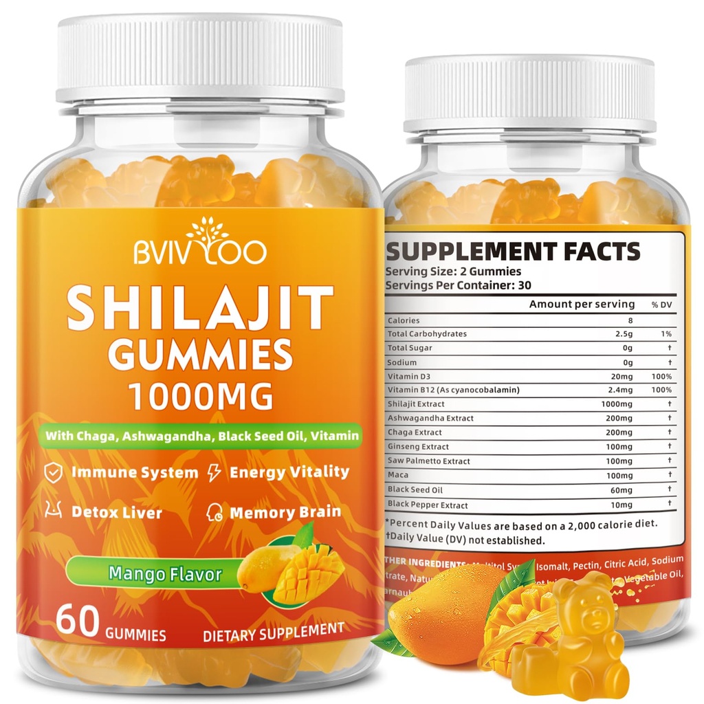 Shilajit Gummies 1000mg Sukker Gratis - Shilajit Supplement for menn og kvinner - Høy i 85+ Trace Minerals & Fulvic Acid - Energi, hjerne, immunitet - 60 Gummies