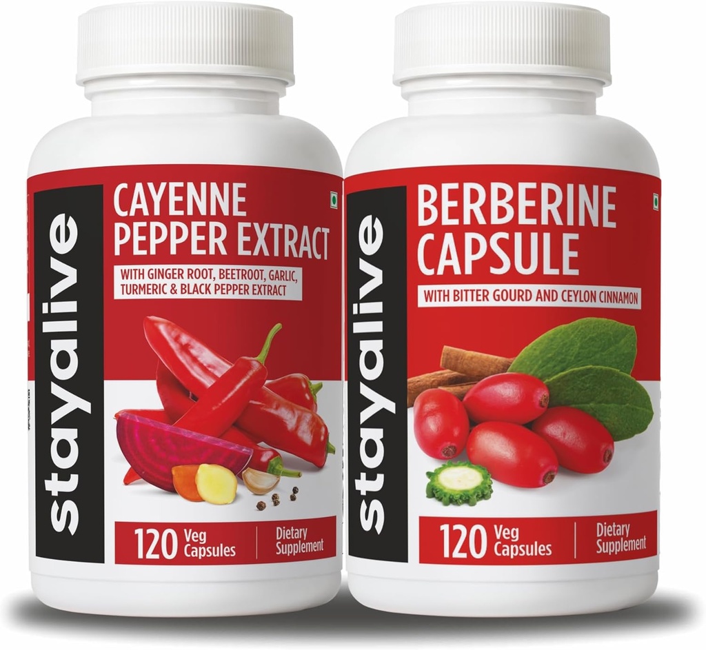 STAY ALIVE Cayenne og Berberine Bundle med Ceylon Cinnamon og Bitter Gourd Extract, 240 Vegan piller, ikke-GMO & Glutenfri Berberine Cayenne Pepper Supplement