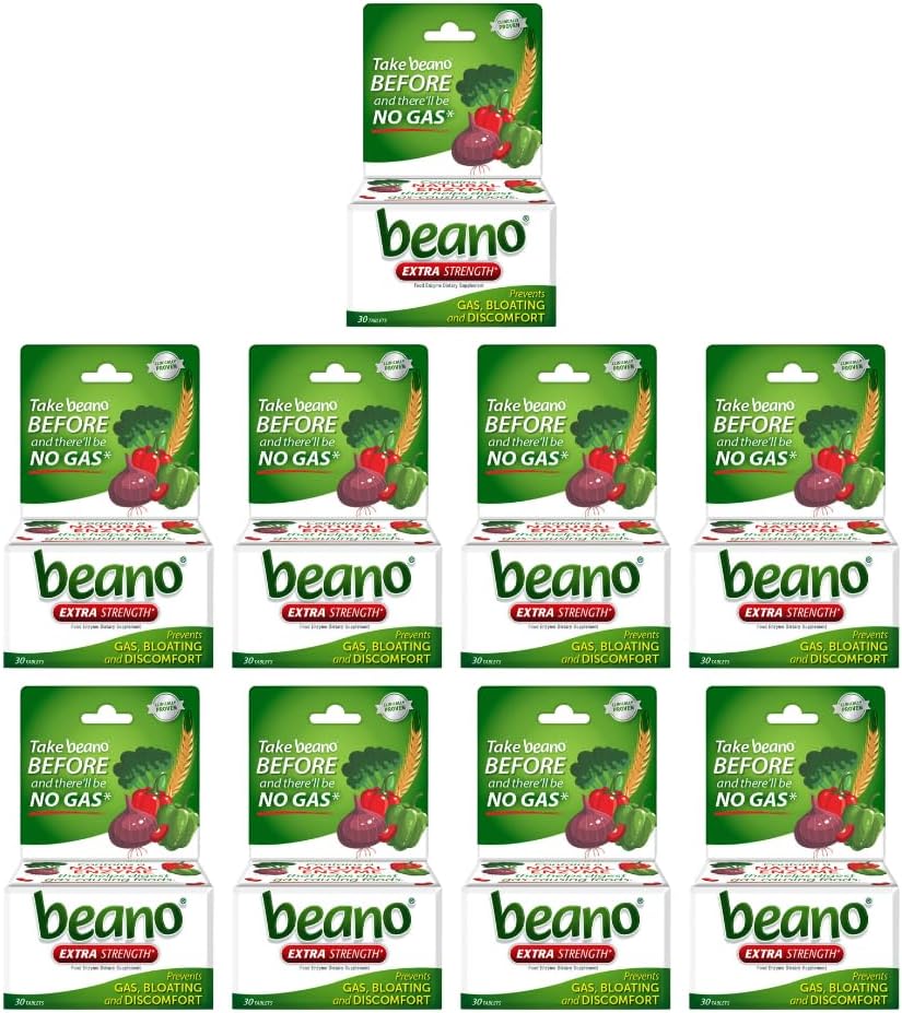 Beano ekstra styrke, Digestive Enzym Supplement, forhindrer gass, utblåsing og dekomfort (Packing May Vary) 30 grev hver (pakke på 9)