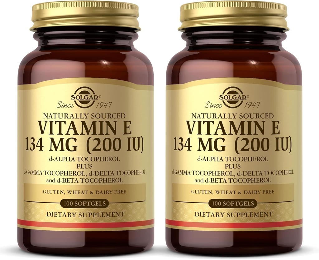 SOLGAR vitamin E 200 IU - 100 Softgels, Pakke med 2 - Naturlig antioksidant, immunsystem støtte - Glutenfri, Dairy Free - 200 Total Tjenester
