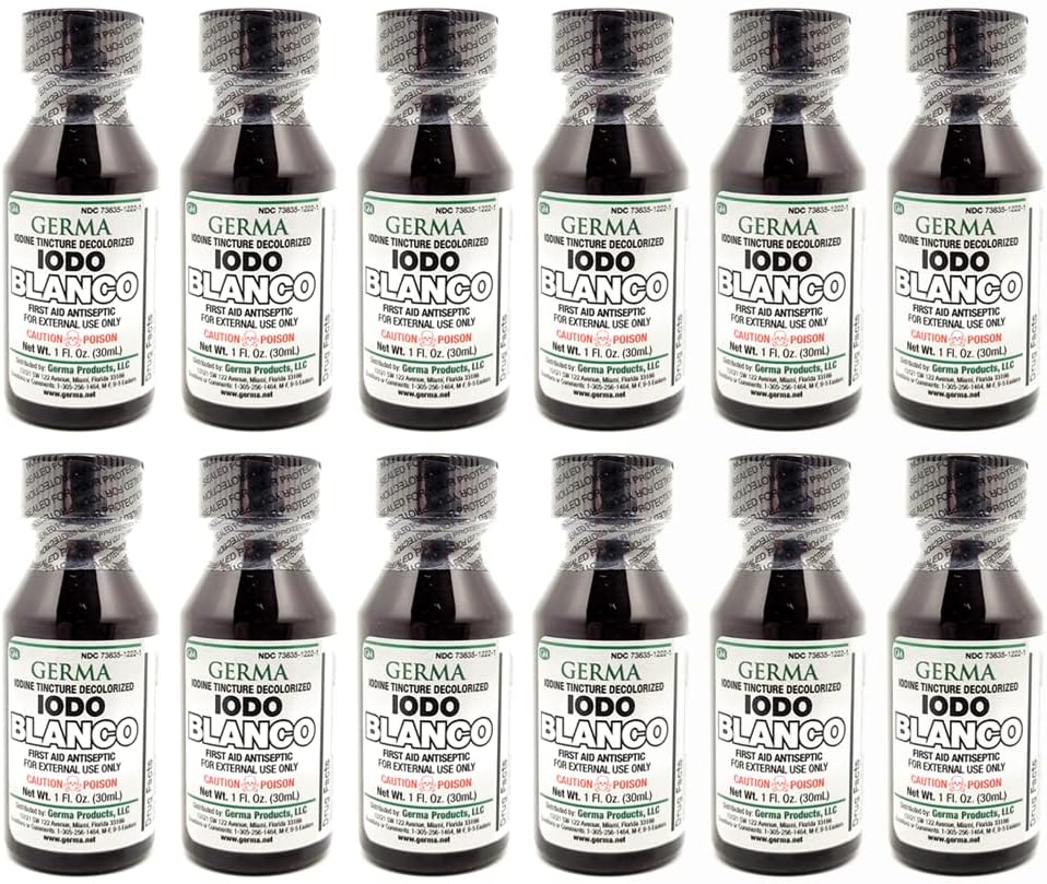 Germa Hvit Iodine Tinktur. Førstehjelpsantiseptisk. for mindre Scrapes, Cuts, Bruises og Burns. Forhindrer hudinfeksjon. 1 oz. Pakke med 12
