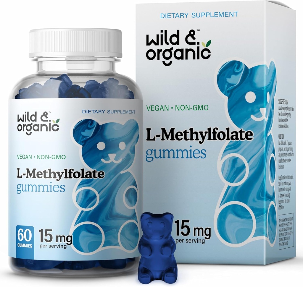 Wild & Organic L-Metylfolat 15mg Gummies - Mood & Brain Support - Folate 5-MTHF Supplement for hjerne, fokus, klarhet - Folate Supplement w/Vitamin B9-60 Non-GMO L Metylfolat Gummies