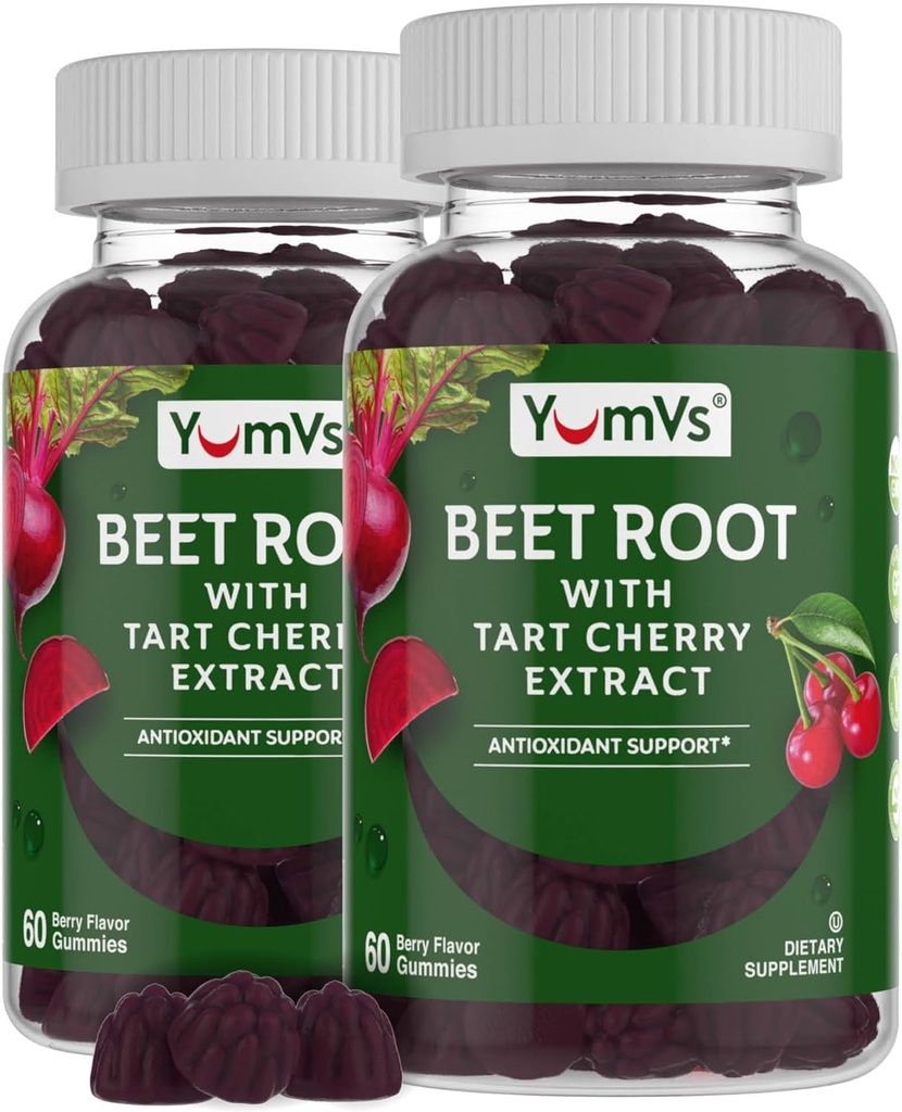 YUM-V'S Beet Root Gummies med Tart Cherry Extract - Berry Flavor Beetroot Gummies - Beet Chews for blod sirkulasjon og antioksidant støtte - Røde Beets Gummies Berry 60 Count (Pack of 2)