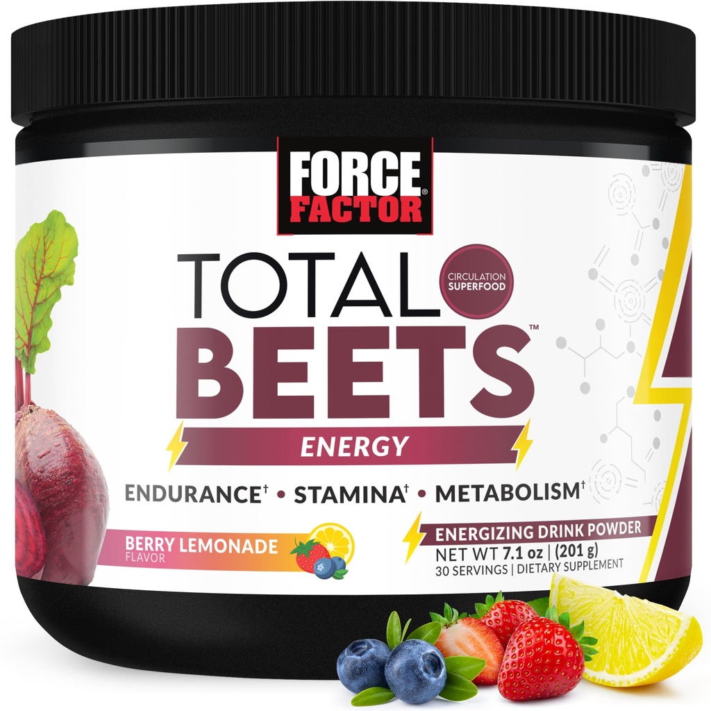 FORCE FACTOR Totalbets Beets Root Powder med energi, NO3-T® Nitrater for å støtte sirkulasjon, blodtrykk, blodflow og Stamina - Plus Green Tea Extract. Et supermattilskudd, 30 serveringer