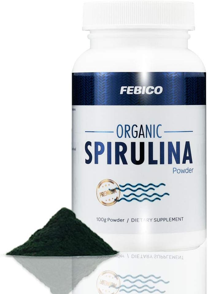 Premium organisk spirulina pulver- Vegansk, beriket vitamin B12 kompleks, fykocytin, energiforsterkning, ikke-GMO, glutenfri og ikke-irradiert, USDA, Naturland, Halal sertifisert-100g