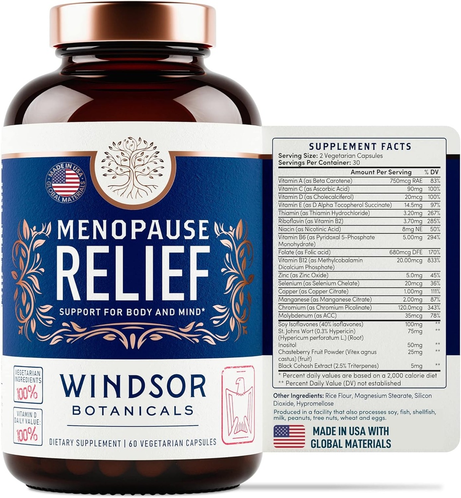 Menopause Supplements for kvinner - Windsor Botanicals Multivitamin med Chastebrry, Black Cohosh for varme blits, Menopause Relief og hormonbalanse for kvinner - 60 Naturlig Progesteron Estrogen piller