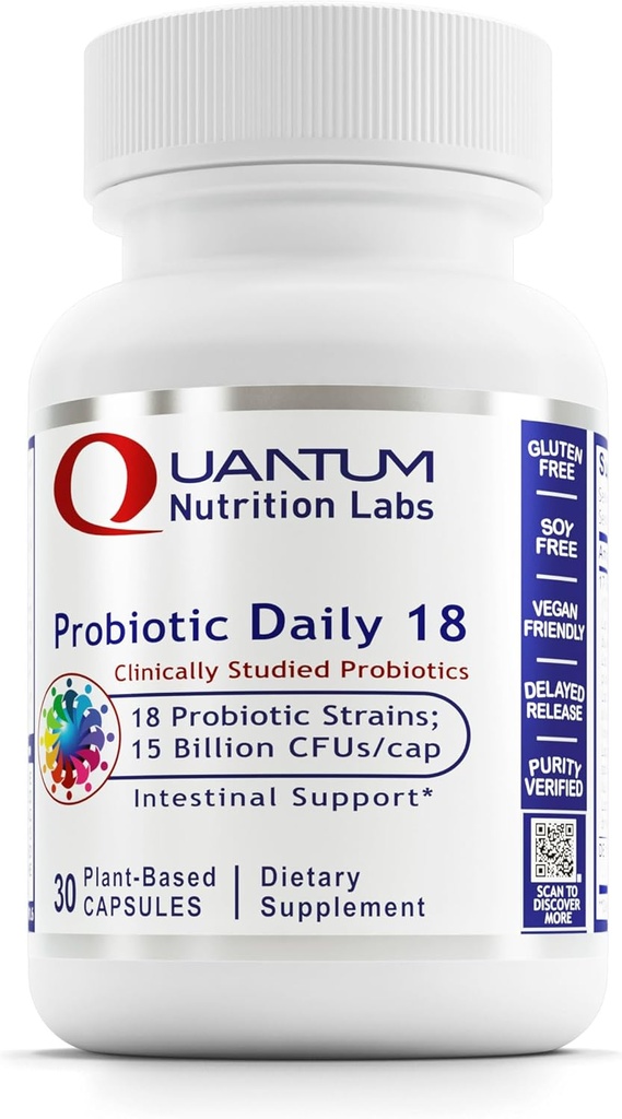 Quantum Nutrition Labs Probiotic Daily 18 - Probiotika for Digestive Helse, Probiotika for kvinner og menn med Lactobacillus Acidophilus, Reuteri for sunne Gut Microbiom - 30 Vegetariske kapsler