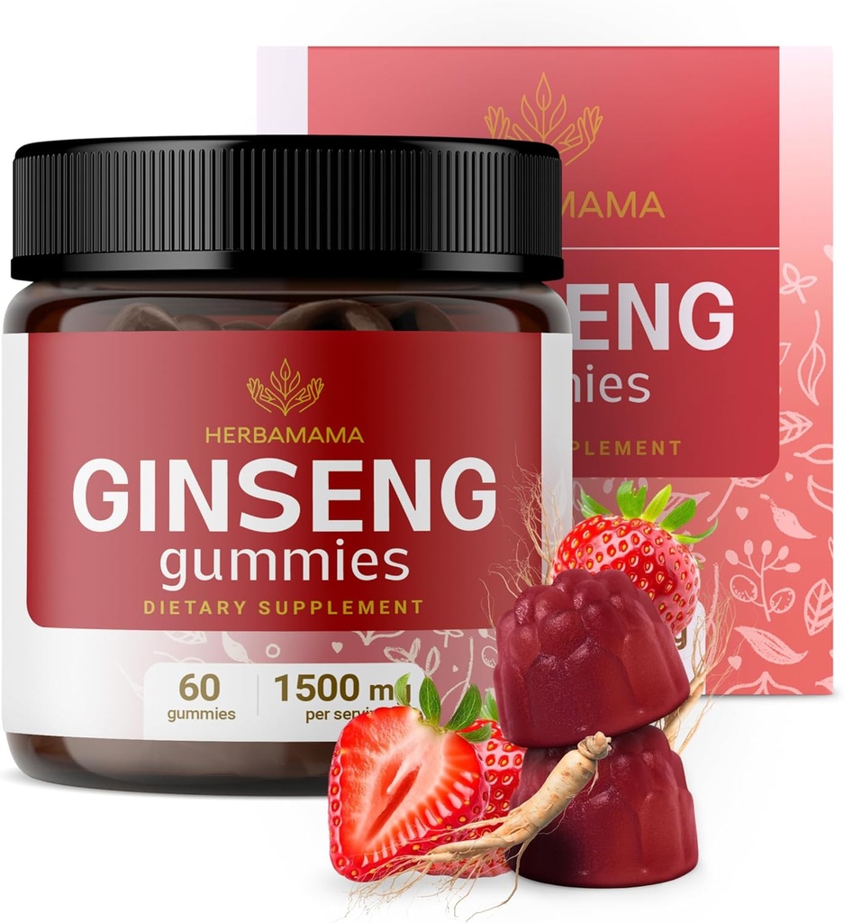 HERBAMAMA Panax Ginseng Gummies - 1500mg koreansk rød Ginseng Root for energi støtte - Vegansk, ikke-GMO rød Panax immunstøtte Supplement - 60 Pectin-basert Strawberry-Flavored Chews