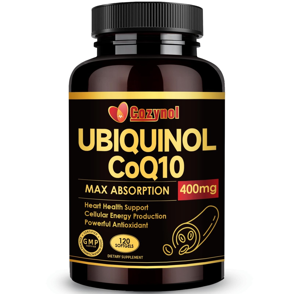 Ubiquinol CoQ10 400mg Softgels med vitamin E & Omega-3, Max-absorpsjon koenzym Q10, Kraftig antioksidant, støtter hjerte helse og energi-produksjon, 120 greve, ikke-GMO