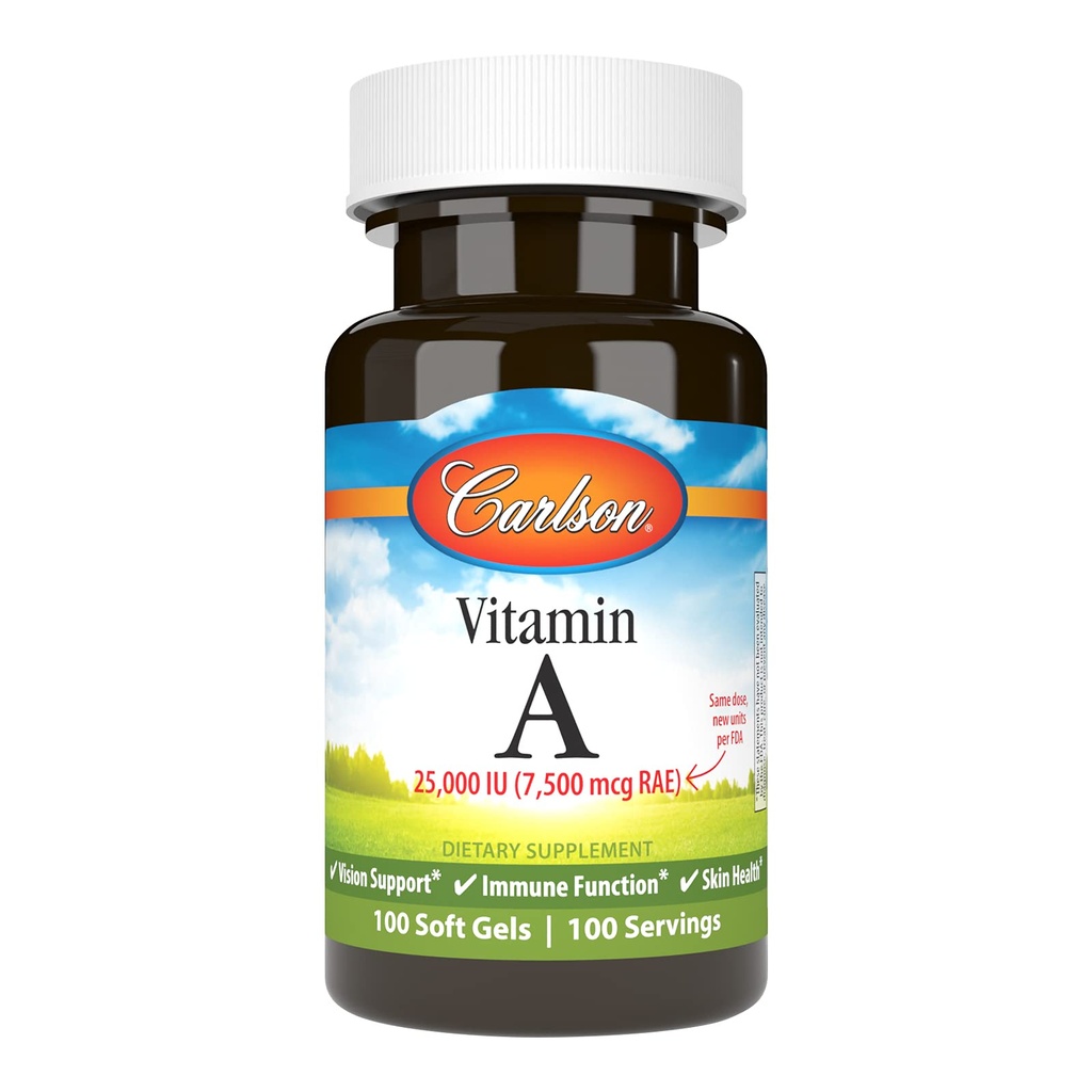 Carlson - Vitamin A, 25000 IU (7500 mcg RAE), Visjon og hud helse, immunfunksjon, 100 myk geler