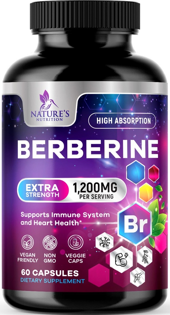 Berberine HCL 1200mg Supplement - Berberine HCI kapsler høy absorpsjon supplement for hjerte helse og immun støtte, høy styrke, glutenfri, vegansk, ikke-GMO piller - 60 Veggie kapsler