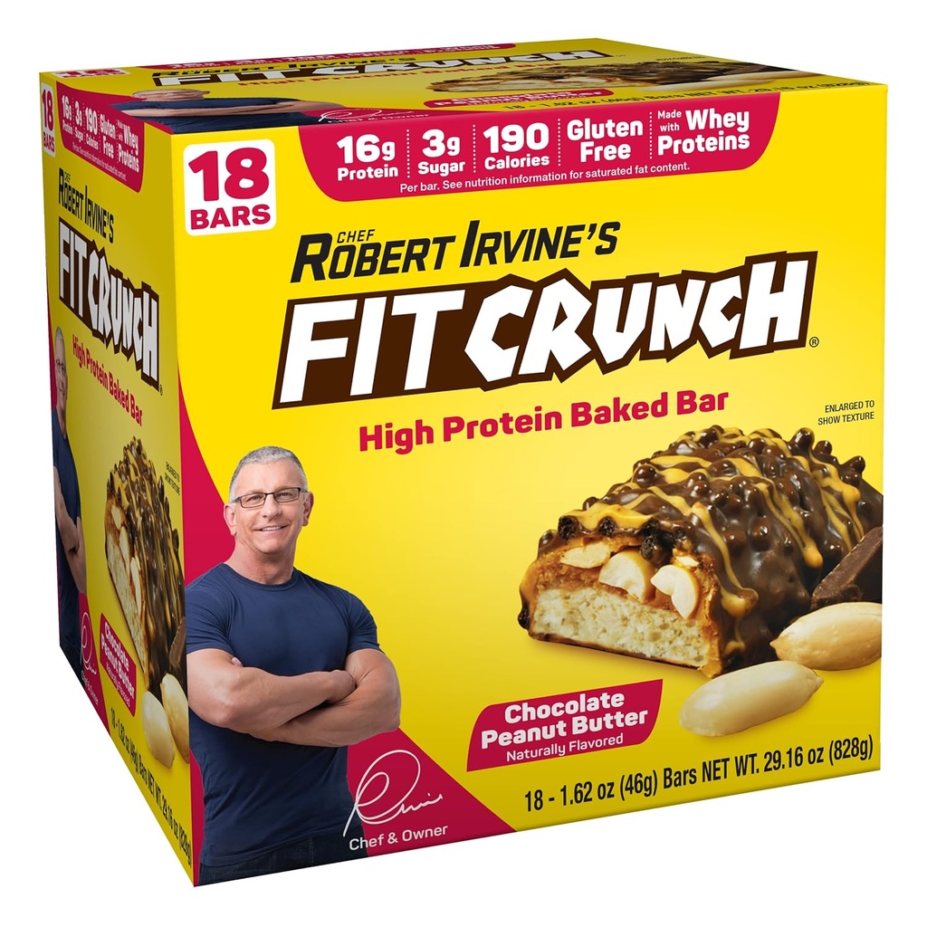 FITCRUNCH Snack størrelse Proteinbarer, 6-lags bakt bar, 3g sukker og myk kake kjerne (18 barer, peanut smør)