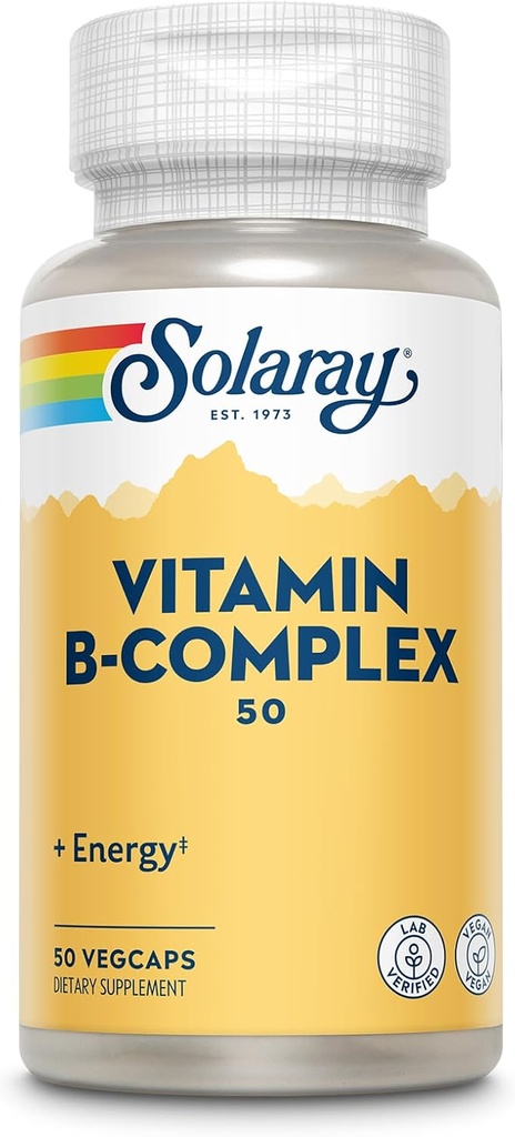 SOLARAY Vitamin B Complex 50 mg - Cellular Energy Vitaminer - Metabolisme og Nerve Helse Støtte med vitamin B12, vitamin B1, B6, Niacin, Folsyre, Biotin og andre B vitaminer - Vegan, 50 Vegkaps
