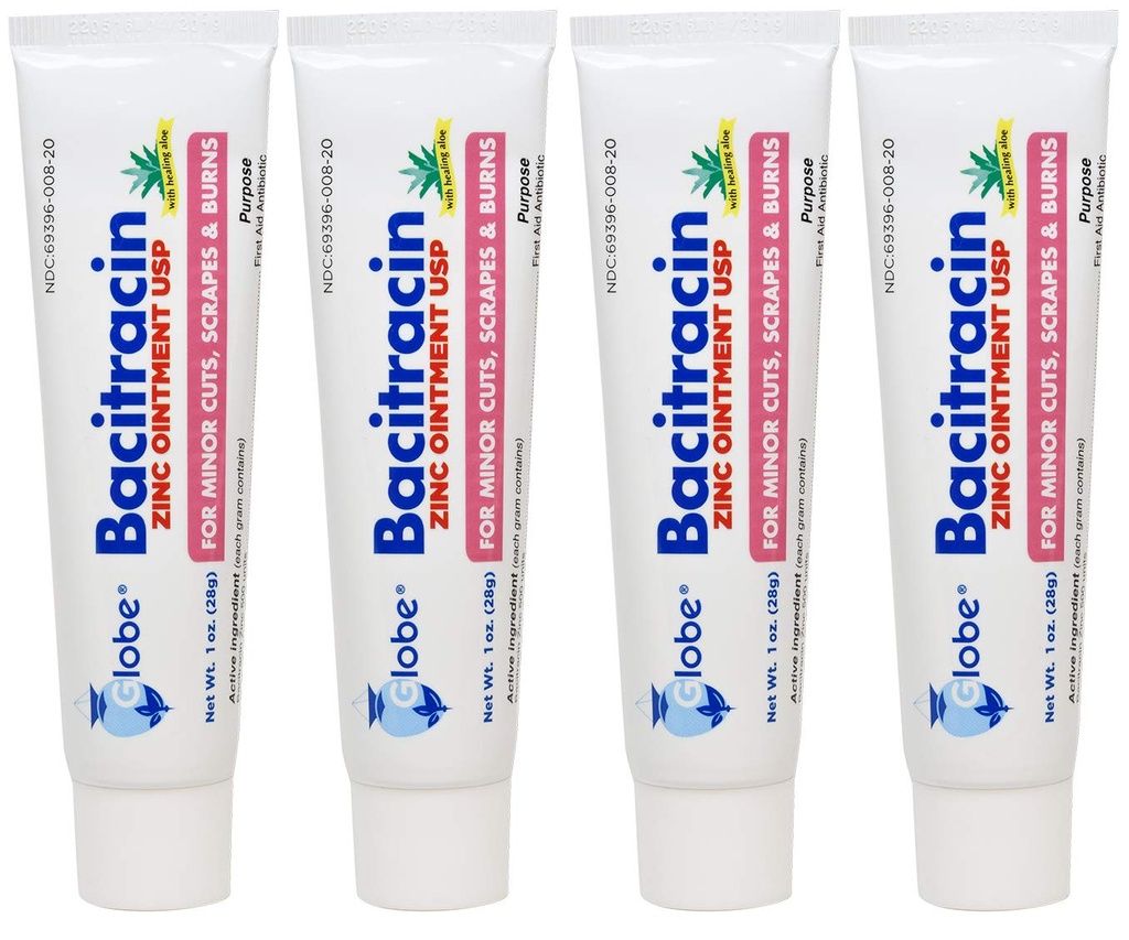 (4 Pakke) Globe Bacitracin Zink Ointment + Aloe 1oz, Antibiotisk Ointment, Essential Antibiotiske Førstehjelpsutstyr, Helbredelseshandling, Maksimal antibiotisk kraft, forhindrer infeksjon i kutt, skraper, Burns