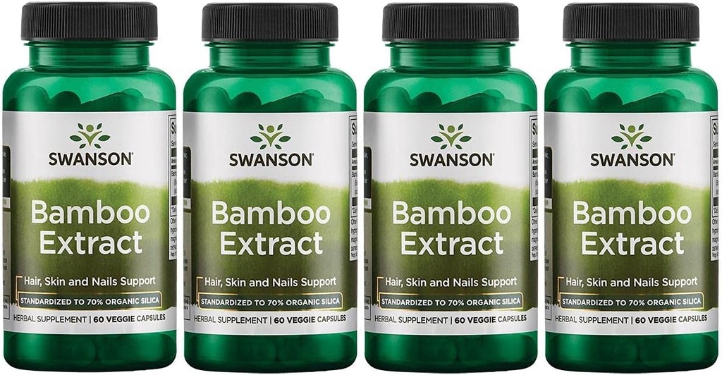 Swanson Bamboo ekstrakt - naturlig hår, hud og negler Supplement - 70% Silica innhold som støtter kollagenformasjon og beinvekst - (60 Veggie Capsules, 300mg Hver) 4 Pack