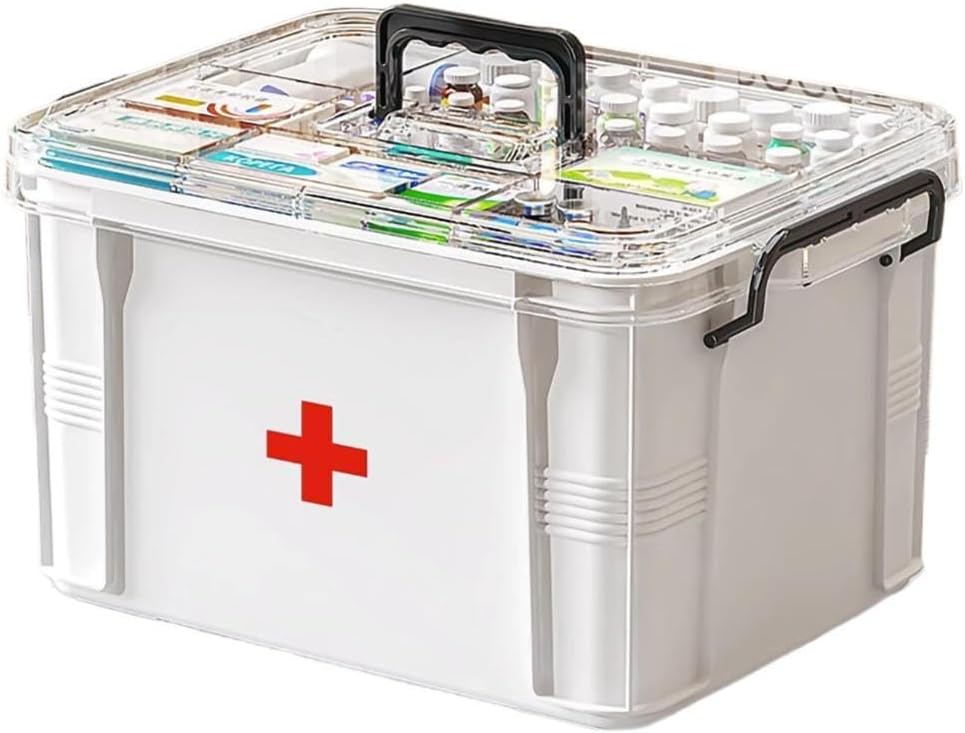 Medisin Storage Box, Pille Flaske Organizer, Dobbelt Sammenligning, Transparent, Stor kapasitet, Hvit