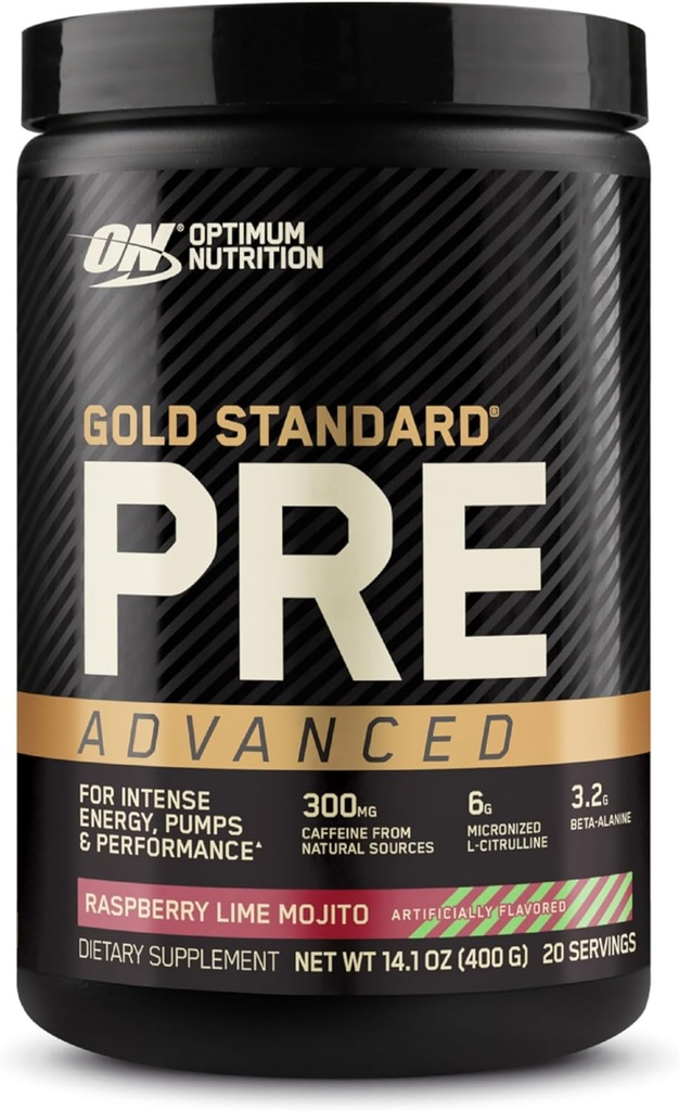 Optimal ernæring gull standard pre trening avansert, med kreatin, Beta-Alanin, mikronisert L-Citrullin og koffein for energi, ketovennlig, bringebær lime mojito, 20 serveringer