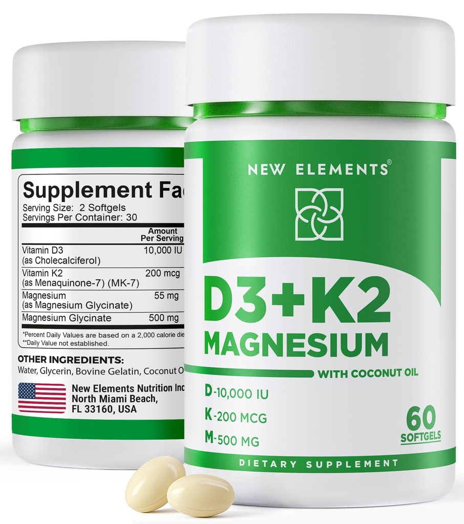 Nye elementer vitamin D3 K2 10.000 IE med magnesiumglycinat 500mg - Bein Helse, Immunstøtte, Energi og Mood - Ikke-GMO, Glutenfri, Sugar-Free Softgels for kvinner og menn (60 softgels)