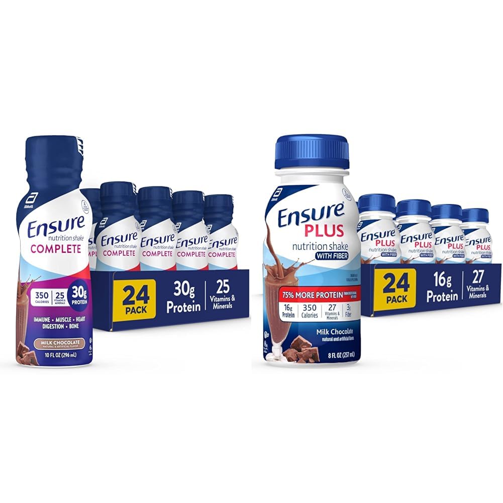 Sikre COMPLETE ernæringsshake og sikre Plus ernæringshake med fiber, 16 gram protein, måltidserstatning væske, melk sjokolade, glutenfri, 8 Fl Oz (pakke med 24)