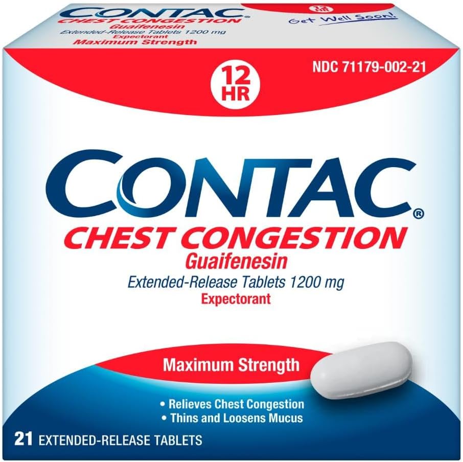 Kontac bryst kongessjon, maksimal styrkeforventende kontroller Cough og Thins og Loosens Mucus, utvidede releasetabletter, Guaifenesin 1200 mg, utvidede releasetabletter, 21 greve