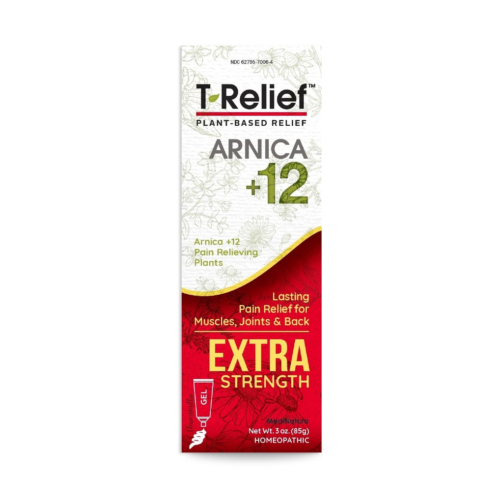 MediNatura T-Relief ekstra styrke Gel Arnica + 12 naturlig lindring aktivs for rygg smerte ledd sorg muskelsmerter og stivhet hele kroppen raskt fungerende relief for kvinner og menn - 3 oz