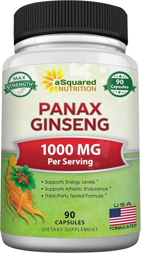 aSquared ernæring naturlig koreansk Panax Ginseng (1000mg Maks styrke)-90 kapsler Root Extract Complex (rød & hvit), høy dosering Ginsenosides i frø, asiatisk pulvertilskudd, tabell piller for energi