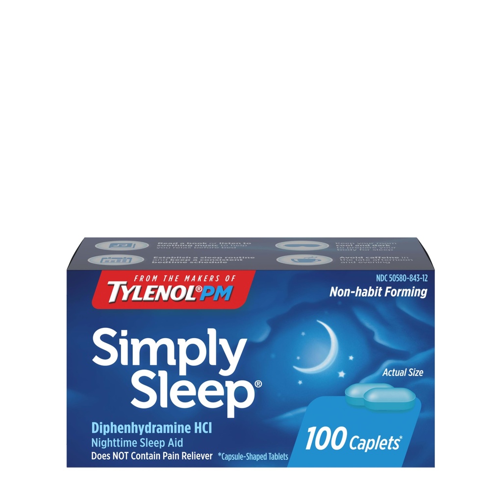 Tylenol enkelt søvn natt søvnhjelp kapler, 25 mg difenhydramin HCl, ikke-habit forming søvnhjelp for voksne, 100 teller