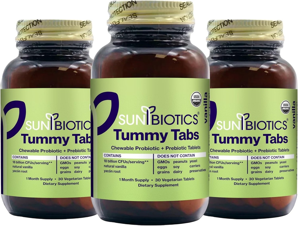 SUNBIOTICS Tummy Tabs - Chewable Probiotic og Prebiotic Tabletter med 18 milliarder CFUs av 4 Probiotic Strains for god Gut Flora, Immunsystem, & balansert mikrobiom - Vanilla, (Pack of 3)