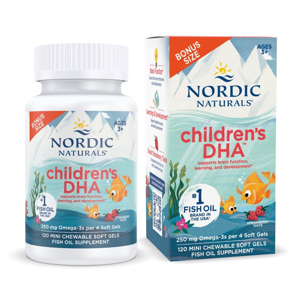 Nordic Naturals Children's DHA, Strawberry - 120 Mini Chewable Soft Gels for barn - 250 mg Omega-3 med EPA & DHA - Brain Development & Function - Ikke-GMO - 30 Serveringer