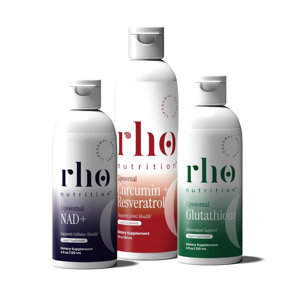 Rho Nutrition - Cellular Health Essentials Bundle - Flytende Liposomale kosttilskudd for sunn aldring og celleformet støtte - NAD+, Curcumin + Resveratrol, & Glutathione (3 pakke)