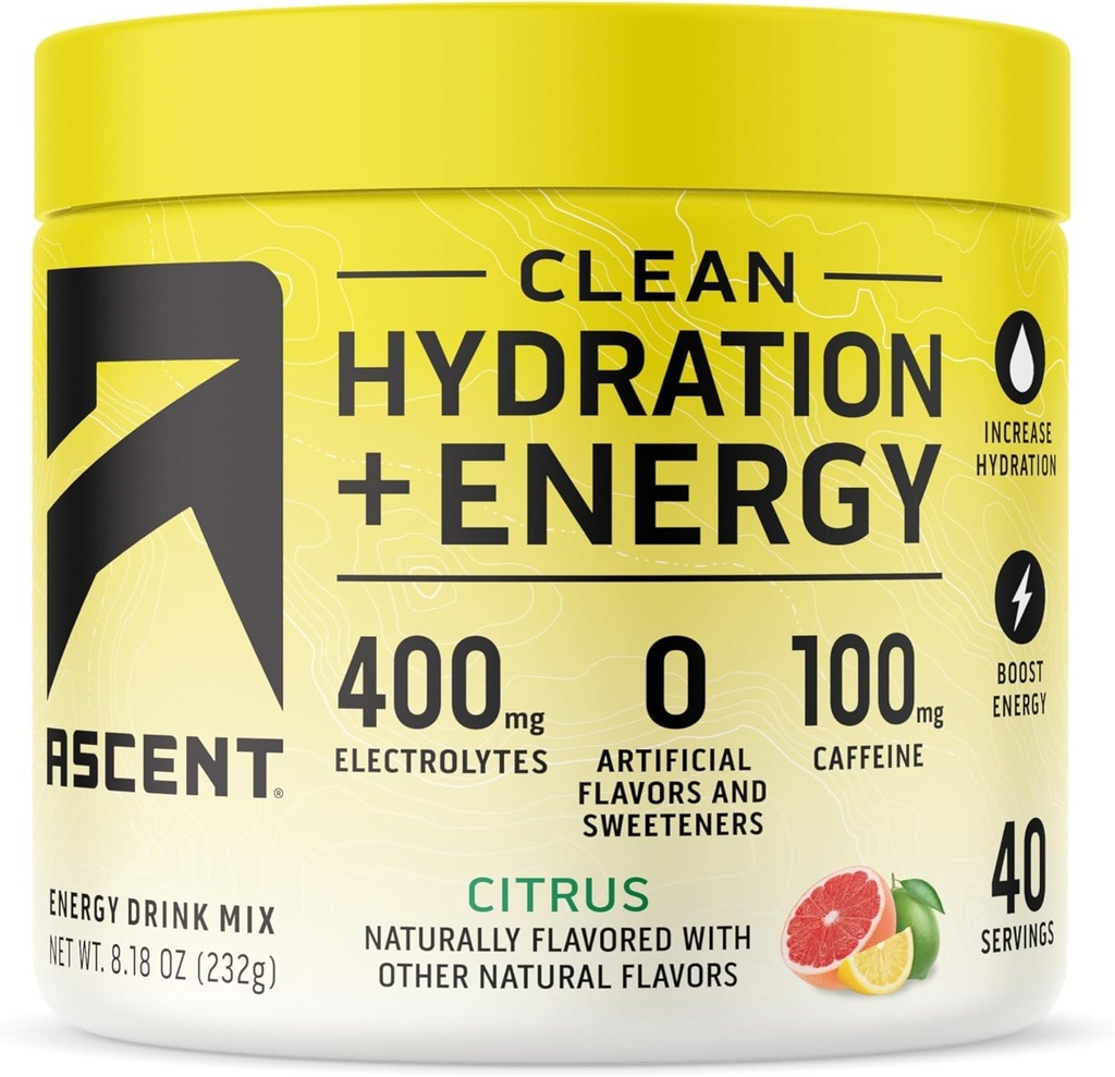 Ascent Clean Hydration + Energi Electrolytes pulver - 100 mg koffein, 400 mg elektrolyter, ingen kunstige ingredienser, Citrus 40 serveringer