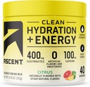 Ascent Clean Hydration + Energi Electrolytes pulver - 100 mg koffein, 400 mg elektrolyter, ingen kunstige ingredienser, Citrus 40 serveringer