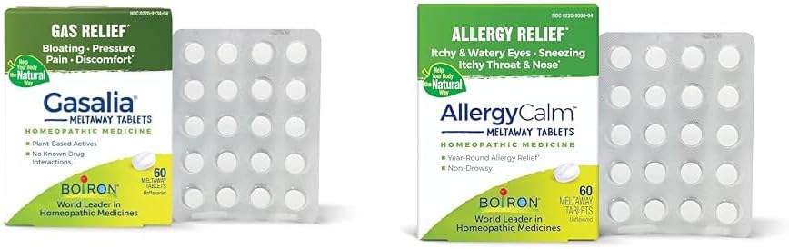 Boiron Gasalia tabletter 60 greve og allergiCalm tabletter 60 greve for lindring fra gass, bloating, allergier og Hay Fever