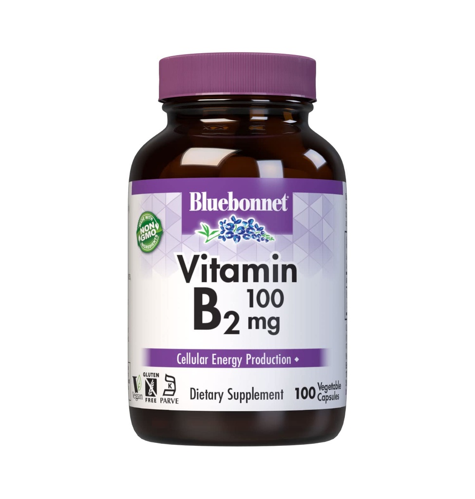 Blåbonnet Ernæring Vitamin B2 100 mg, For kardiovaskulær og nervesystem Helse, Soja-fri, Glutenfri, Kosher Certified, Dairy-Free, Vegan, Ikke-GMO, 100 Grønnsaker Kapsler, 100 Serveringer