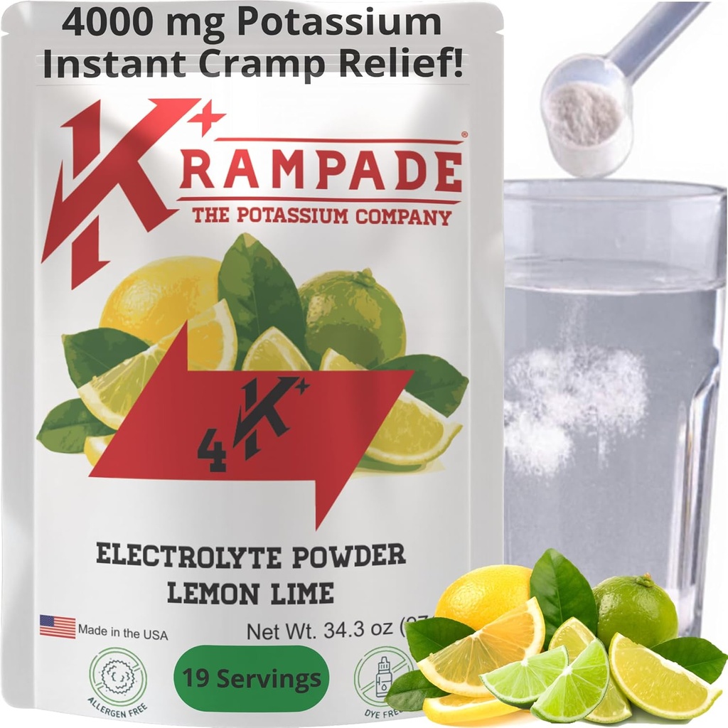 Krampade Original Lemon Lime 4K, 4000 mg Kalium Instant Cramp Relief Elektrolysert drikkepulver | Designet for åleter og krampere | 19-Serving Resealable Pouch