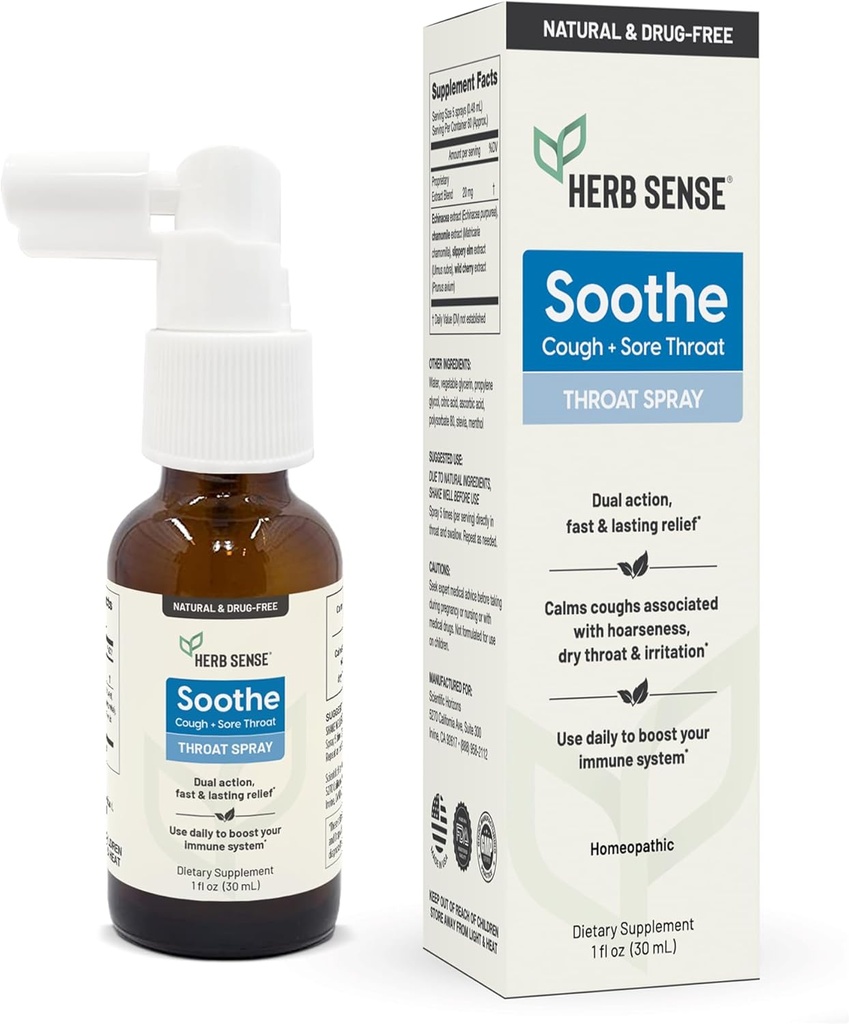 Herb Sense Throat Comfort Spray | Kjøle- og sotting med Slippery Elm, Echinacea & Kamille | Naturlige ekstrakter (1 fl oz)