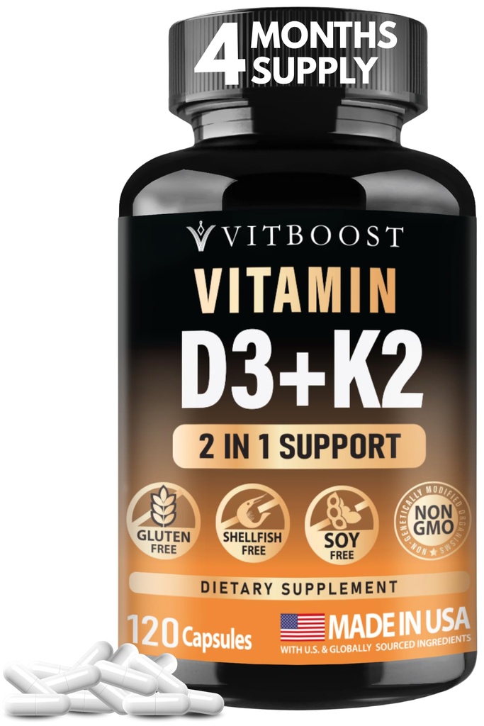 VITBOOST vitamin D3 K2 kompleks - lett å svelge - Vitamin D (D3) 5000 IU (125mg) & K2(MK-7) 90 mg | Ikke-GMO | Glutenfri | USA laget 120 kapsler
