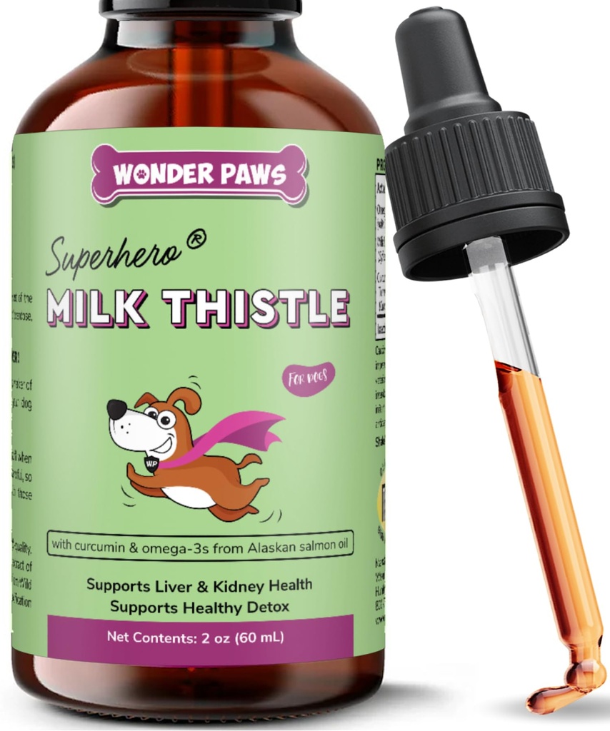 Wonder Paws Milk Thistle, Liver Support for hunder, støtter nyrefunksjon for kjæledyr, Detox, leverstøtte, med Wild Alaskan Salmon Oil & Curcumin, Omega 3 EPA & DHA (2 Oz)