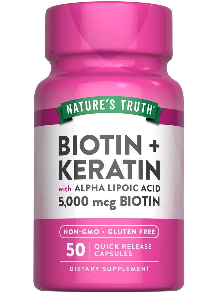 Naturens sannhet Biotin 5000 mikrog | 50 kapsler | med keratin og alfa liposyre | Ikke-GMO & Glutenfri Supplement