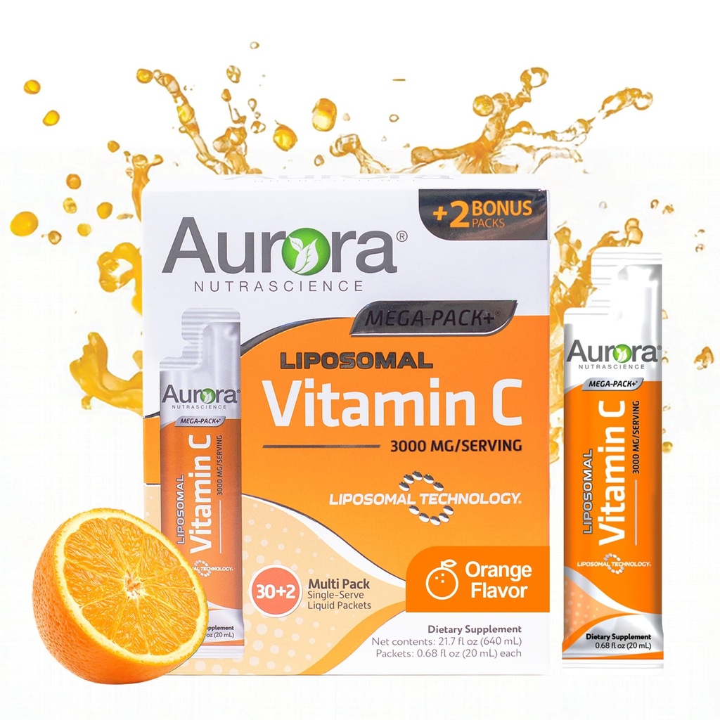 Aurora Nutrascience Liposomal Flytende Vitamin C - Sunn Immune Support Supplement for voksne, Sukkerfri, 3000 mg per servering, Vegan, Glutenfri, Ikke-GMO - 32 Single Serve Packets, Orange