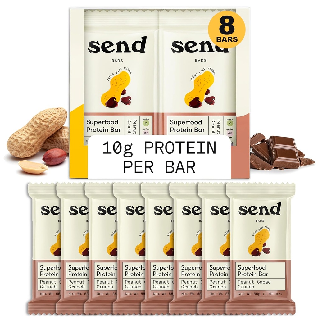 Send Barer Plantebaserte Vegan sunne proteinbarer, med grønne (Peanut Cacao Crunch, 8 Bars) - Bare ekte ingredienser, null tilsatt sukker, Glutenfri, Dairy-Free