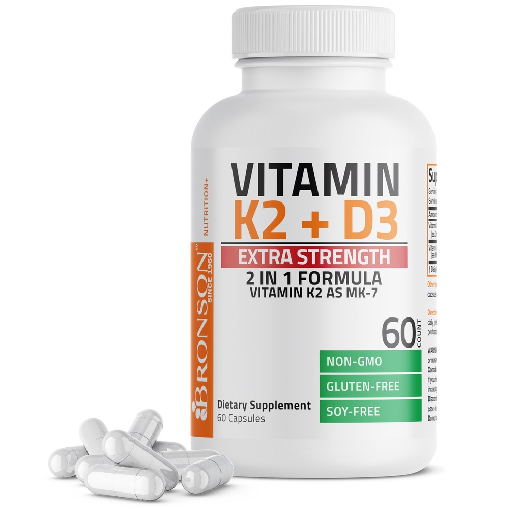 Bronson Vitamin K2 (MK7) med D3 Extra Styrke Supplement Bone Helse Ikke-GMO Formula 10.000 IU & 120 mcg MK-7 Lett å Svelge D K, 60 kapsler