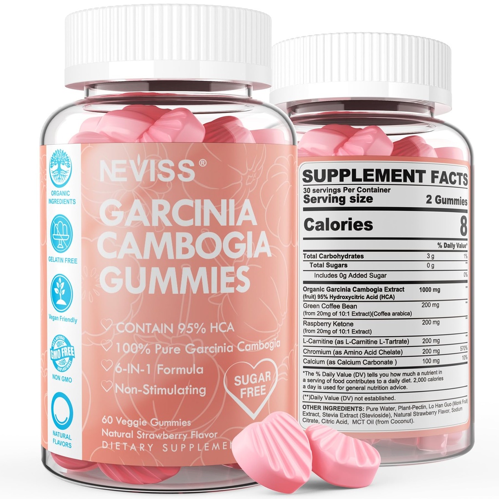 Sugar Gratis Garcinia Cambogia Gummies 1000mg 95% HCA ren ekstrakt med L-karnitine, bringebær keton, kromium, grønn kaffebønne for metabolisme, 100% økologisk ekstrakt, vegansk, jordbær flavor 60 Cts