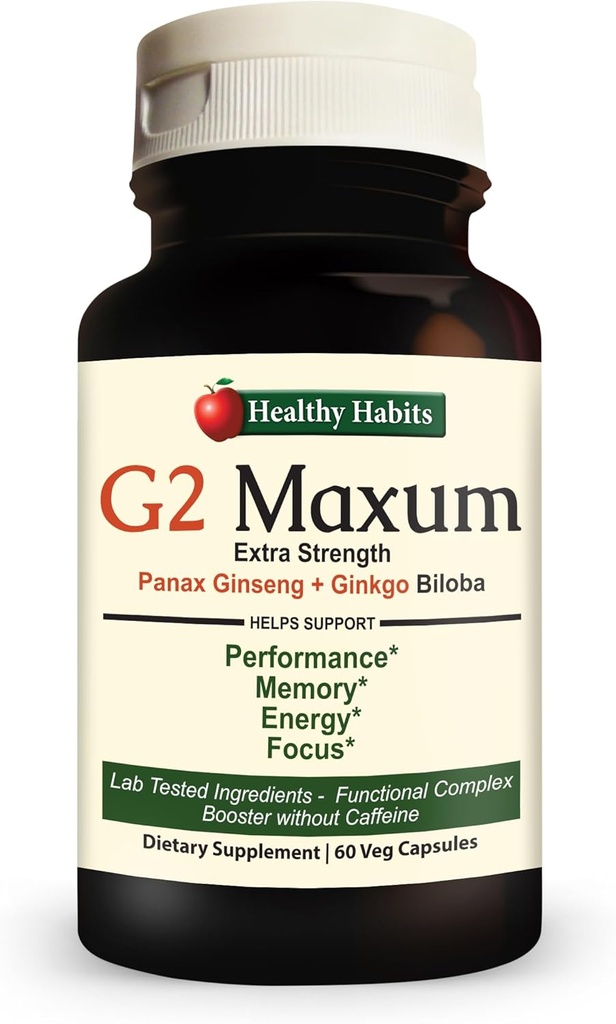 Sunn Habits G2 Maxum Extra styrke Panax Ginseng Plus Ginkgo Biloba Blandet for å støtte energi og kognitiv funksjon 60 Veg Kapsler per flaske